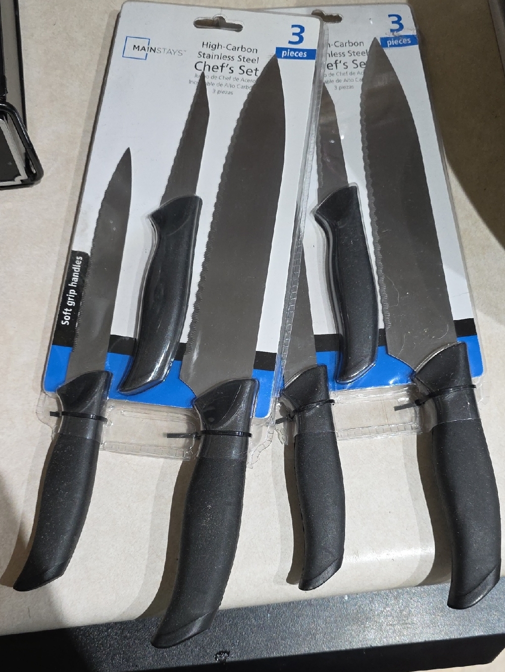 Mainstays Black Handle 3-Piece Chef's Knife Set- Both Sets